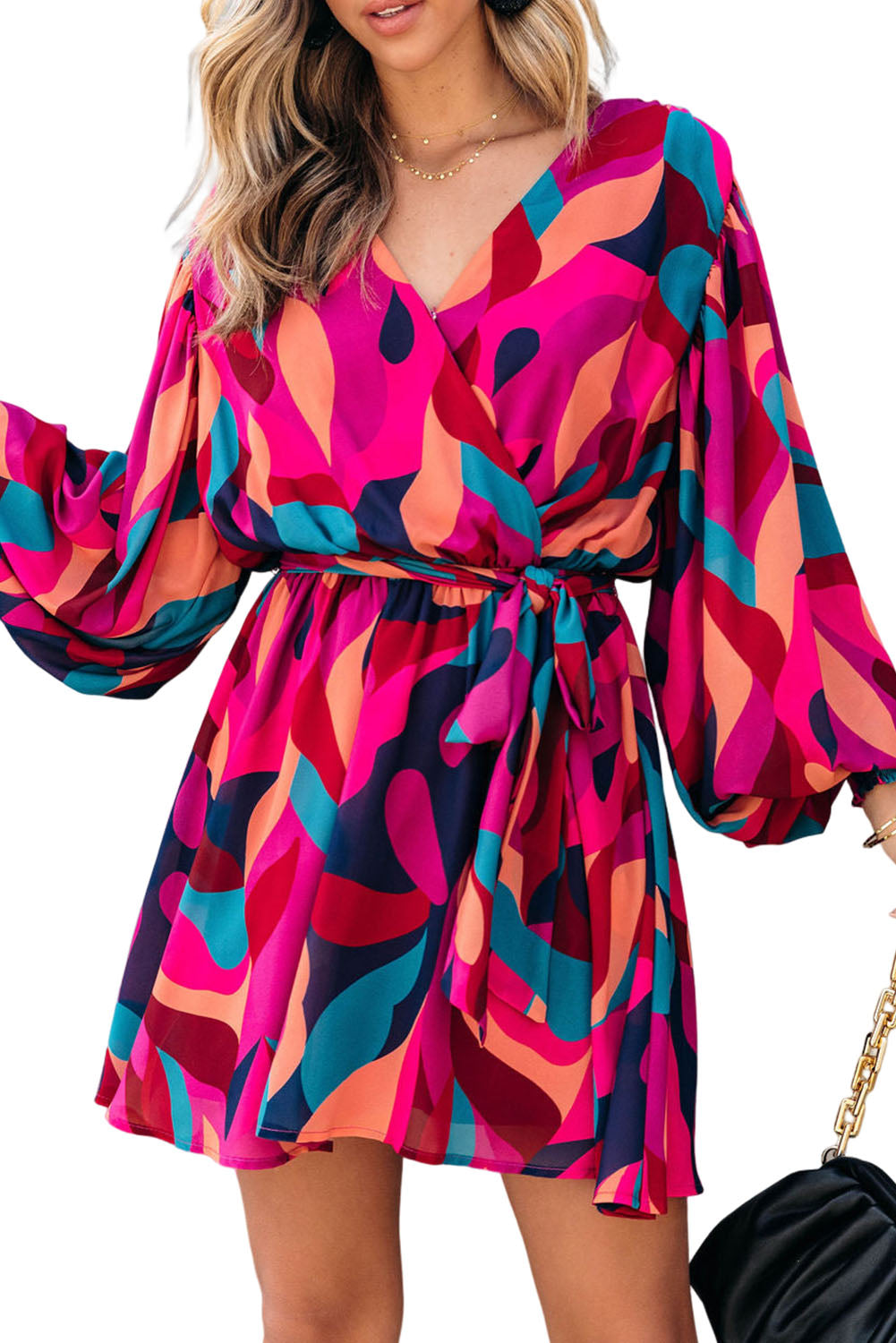 Feuerrotes Minikleid mit abstraktem Print und Gürtel und Puffärmeln
