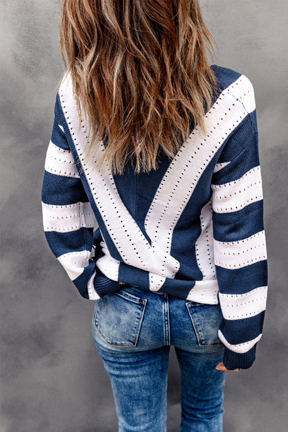 Blau gestreifter Colorblock-Strickpullover mit V-Ausschnitt