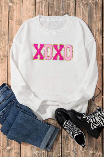 Weißer XOXO-Freizeitpullover mit Glitzer-Print und Rundhalsausschnitt