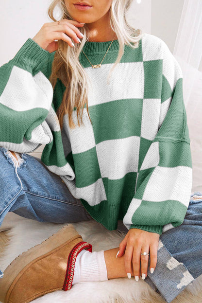 Grün karierter Pullover mit Bischofsärmeln