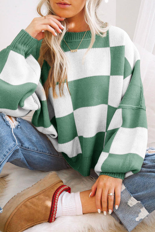 Grün karierter Pullover mit Bischofsärmeln
