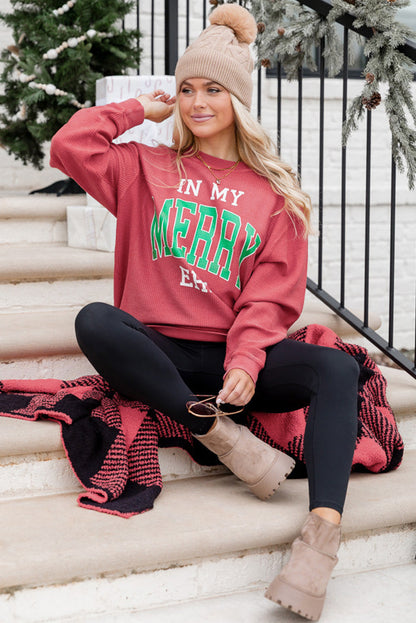 Erdbeerrosa „IN MY MERRY ERA“ Locker geschnittenes Cord-Sweatshirt