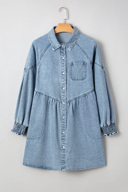 Beau Blue Smocked Cuffs Flared Denim Shirt Mini Dress