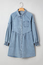 Beau Blue Smocked Cuffs Flared Denim Shirt Mini Dress