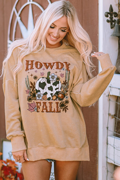 Khakifarbenes Sweatshirt „HOWDY FALL“ mit Kürbis-Print und geteiltem Saum