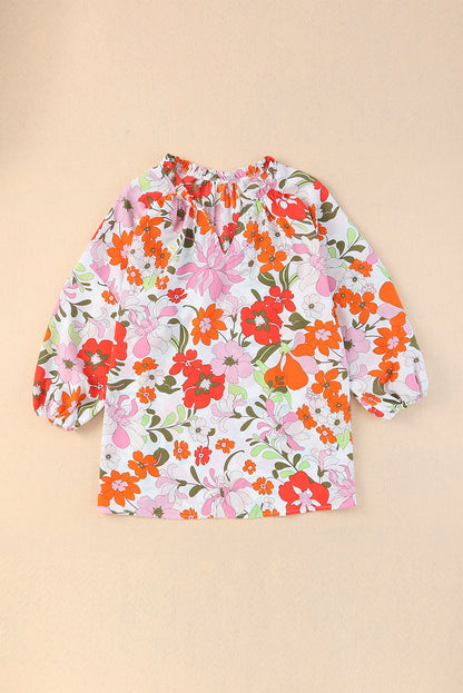 Orangefarbene Bluse mit Puffärmeln und Rüschenbesatz