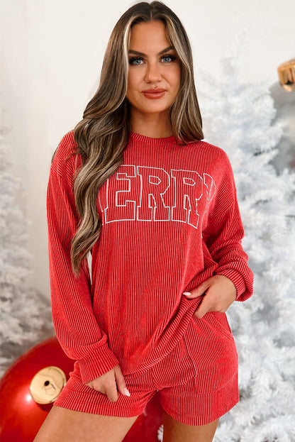 Racing Red Corded MERRY Graphic Langarm-Top und Shorts Set