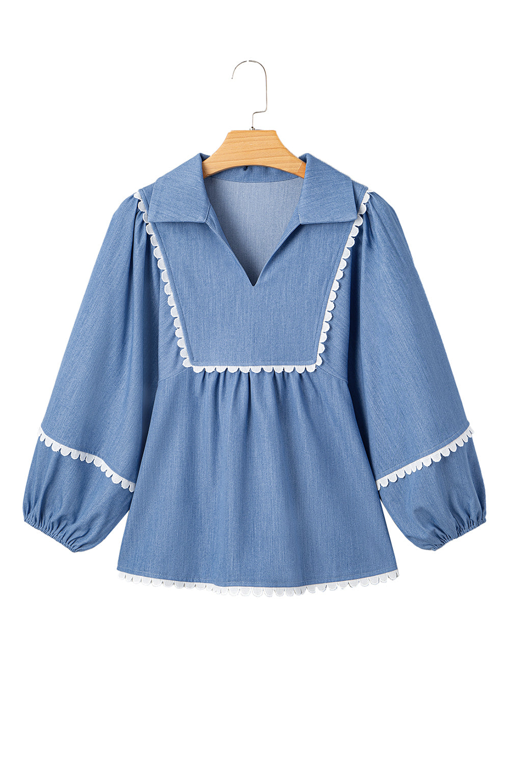 Abendblaue Babydoll-Bluse mit 3/4-Puffärmeln und Kragen aus Spitze mit Zickzackmuster