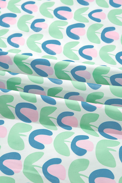 Green Floral Print Notched Neck Scalloped Detail Long Sleeve Mini Dress