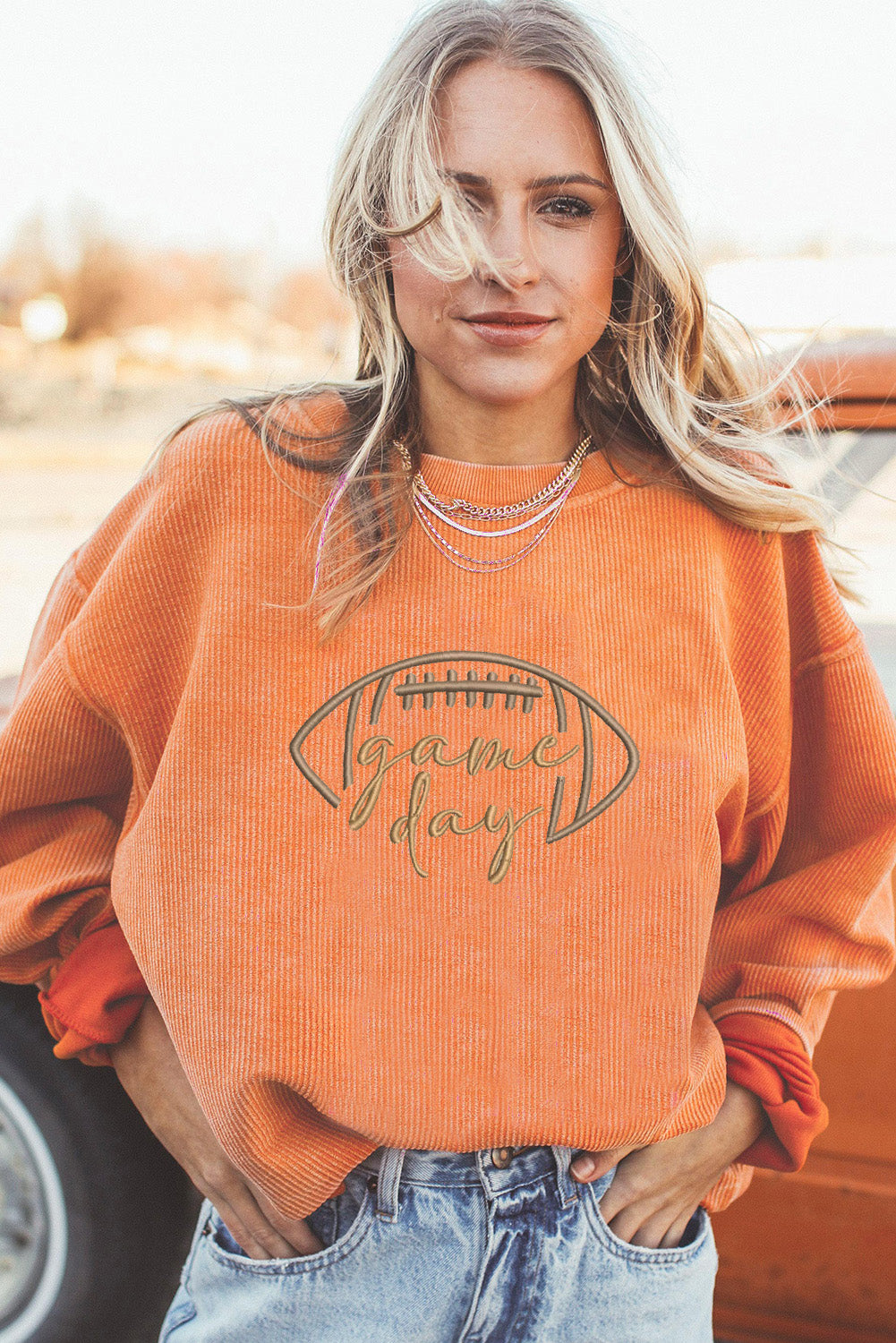 Orange Rugby Game Day Embroidered Corduroy Sweatshirt