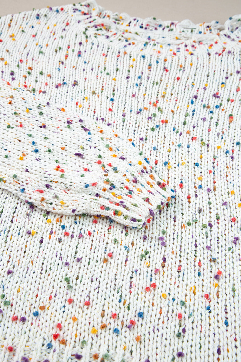 White Colorful Popcorn Knit Distressed Tunic Sweater