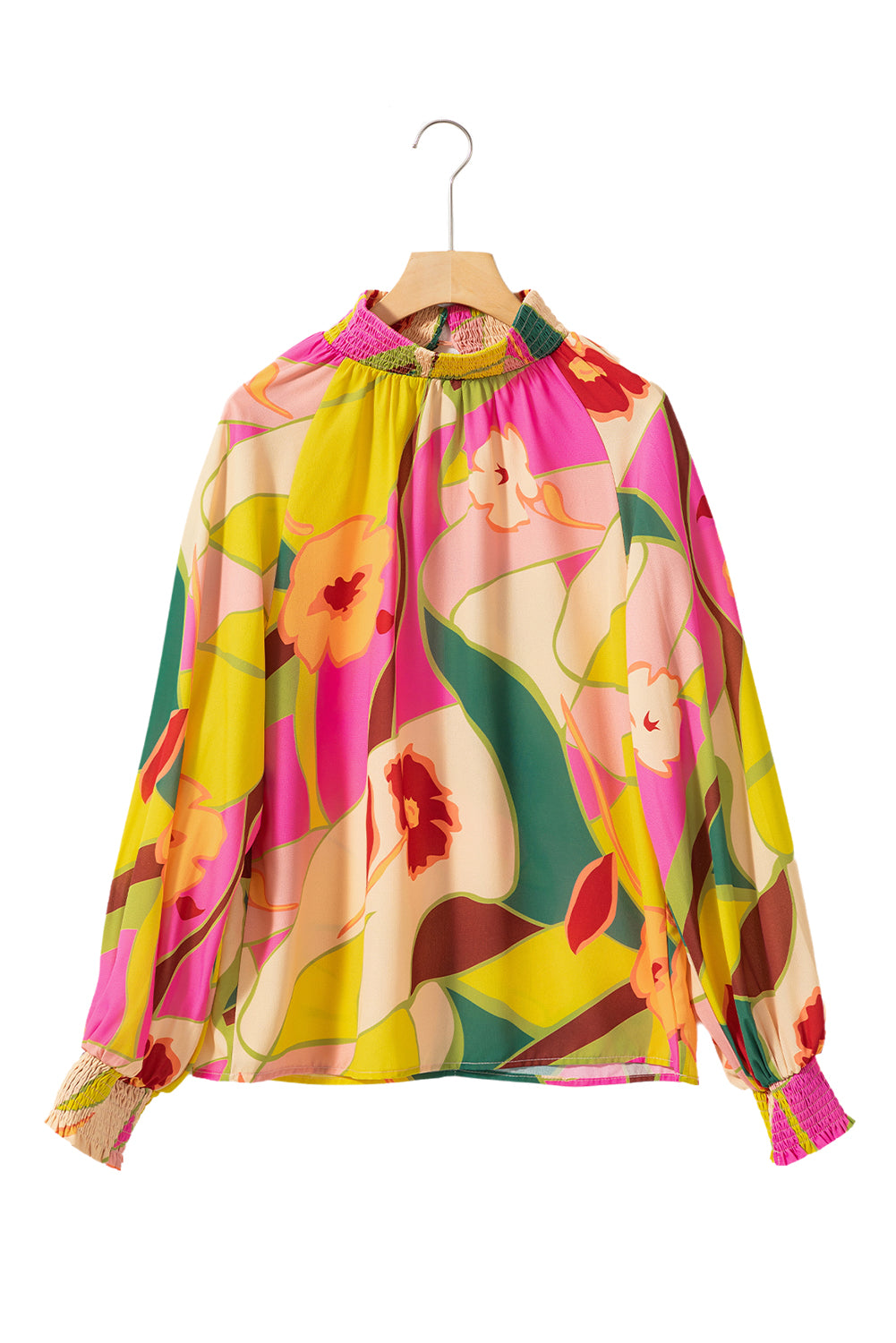 Bluse mit mehrfarbigem Blumenmuster, gesmoktem Saum und Stehkragen