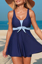 Navy Blue Color Block Patchwork Bow Knot Detail Sleeveless Swim Dress
