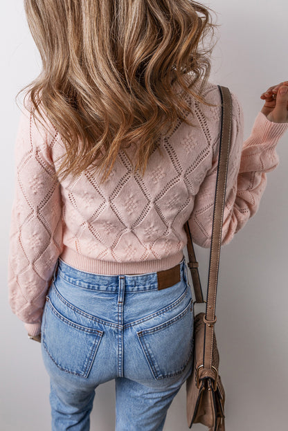 Kurzer Pullover mit durchbrochenem Karomuster und Puffärmeln in zartem Rosa