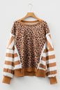 Khaki Stripe Color Block Patchwork Leopard Casual Sweatshirt with Slits