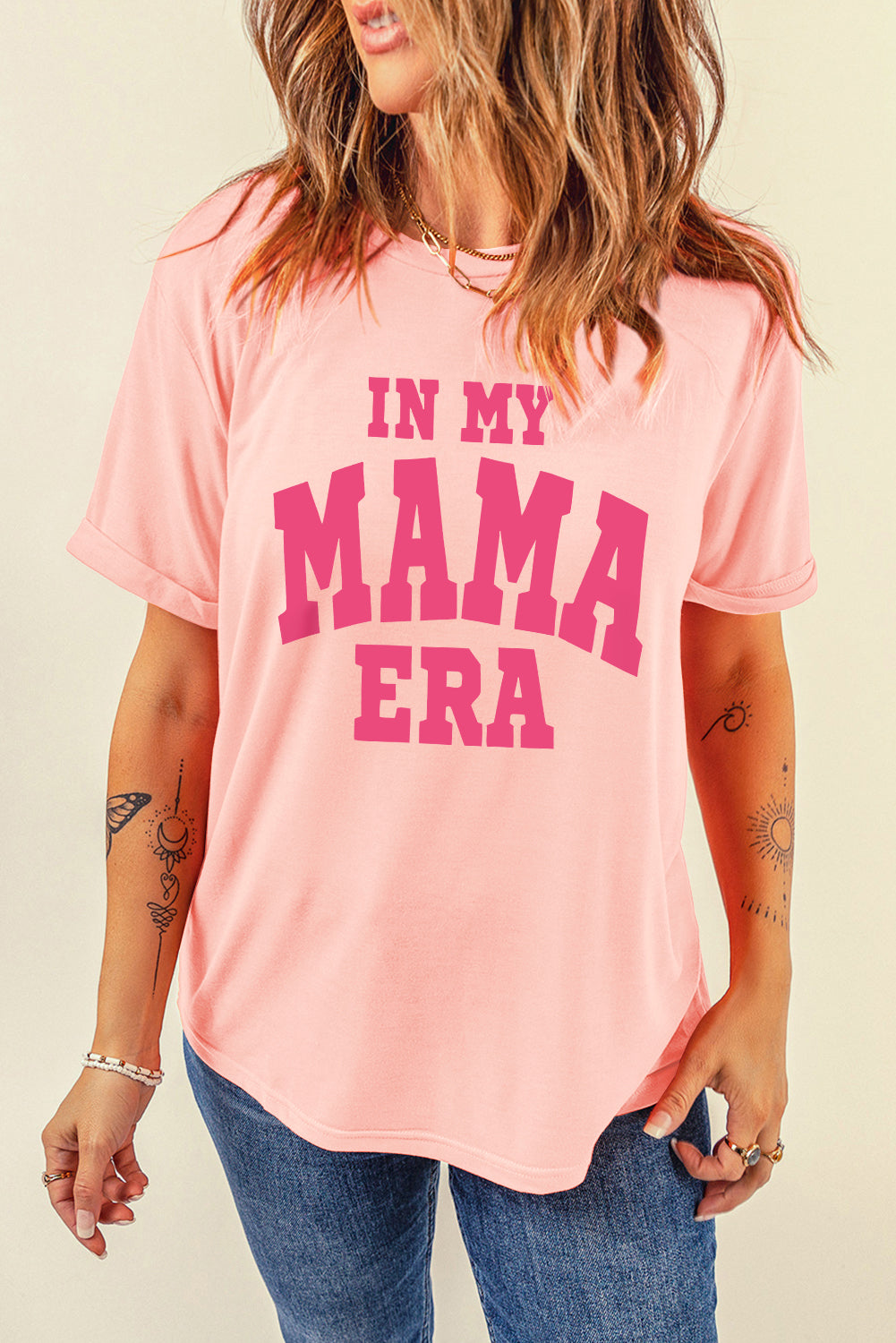 Rosa „IN MY MAMA ERA“-T-Shirt mit Rundhalsausschnitt und Grafik