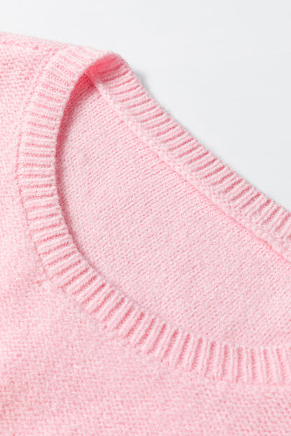 Rosa Strickpullover mit Blumenmuster und geripptem Rand