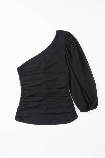 Schwarzes Langarm-Top mit One-Shoulder-Träger aus Netzstoff