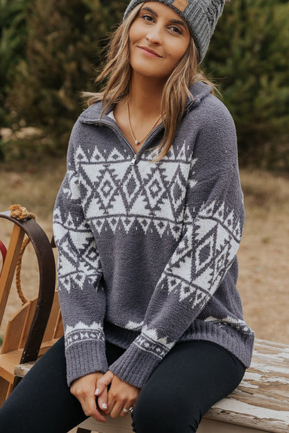 Grauer Pullover mit Viertelreißverschluss und geometrischem Western-Print
