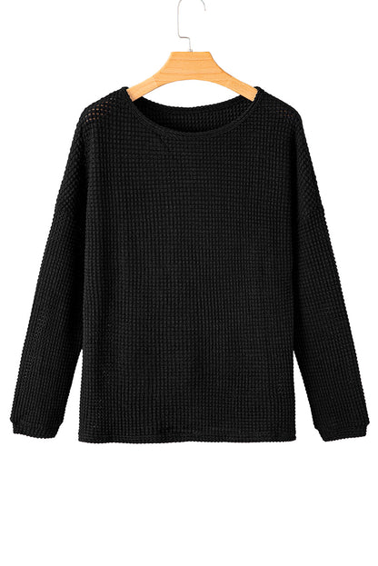 Black Waffle Knit Drop Shoulder Long Sleeve Top