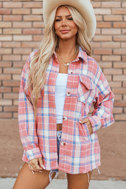 Rosa karierte Hemdjacke mit Pattentasche und Knopfleiste