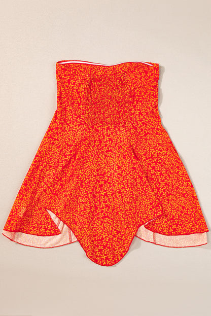 Trägerlose Bluse mit gesmoktem Taschentuch und Rosen-Blumendruck