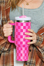 Edelstahlbecher mit Griff und Karomuster in leuchtendem Pink, 1,2 l
