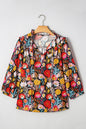 Black Floral 3/4 Puff Sleeve Tied Neck Blouse