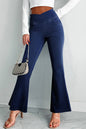 Dunkelblaue, einfarbige Schlagjeans mit gekreuzter High Waist