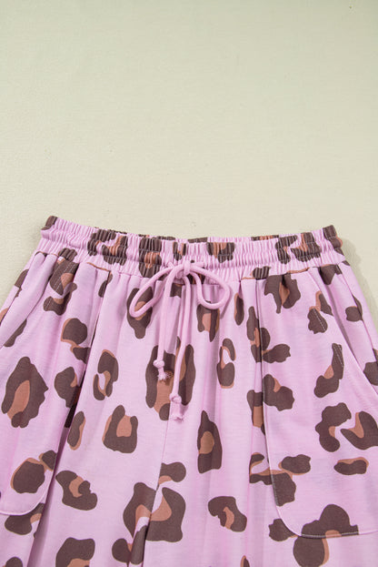 Pink Drawstring Leopard Print Patch Pocket Loose Pants