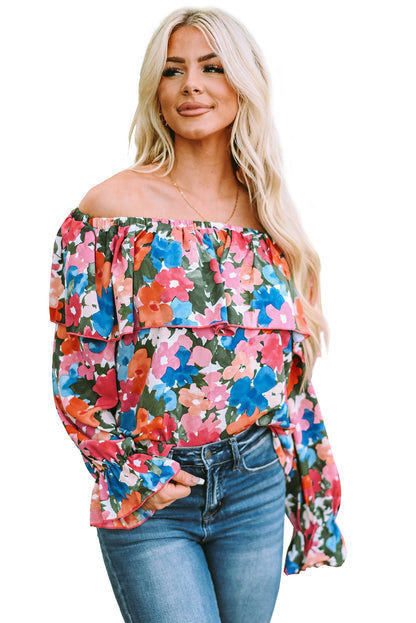 Schulterfreie Bluse mit Blumenmuster und Rüschen