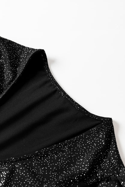 Schwarze Glitzer-Wickelbluse mit V-Ausschnitt, Bindesaum und Puffärmeln
