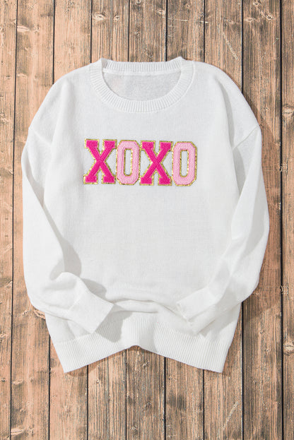 Weißer XOXO-Freizeitpullover mit Glitzer-Print und Rundhalsausschnitt