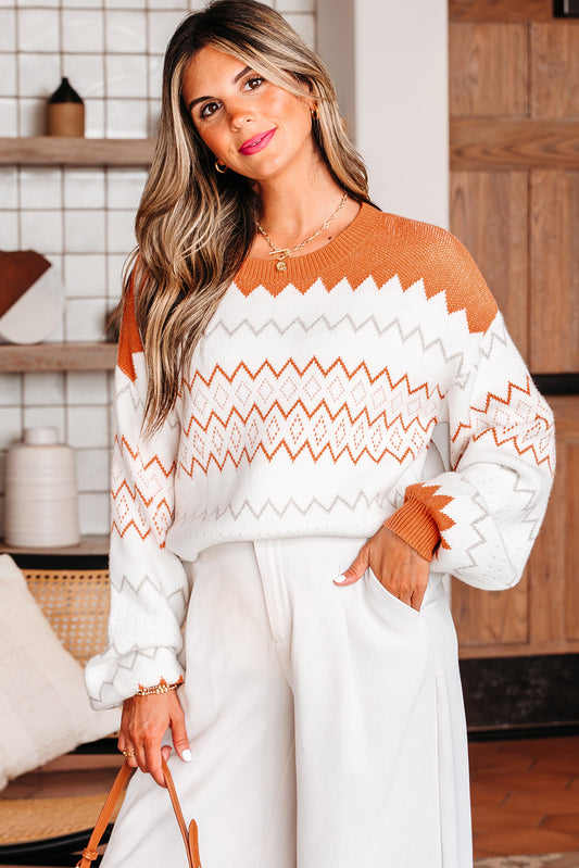 Khaki Zigzag Geometric Pattern Knitted Pullover Sweater