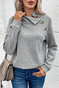 Gray Asymmetric Buttons Detail High Neck Textured Sweatshirt