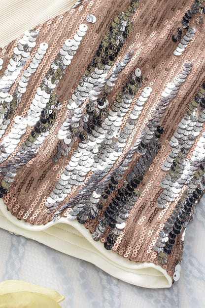 Weiße Paillettenbluse mit Glockenärmeln und Rundhalsausschnitt