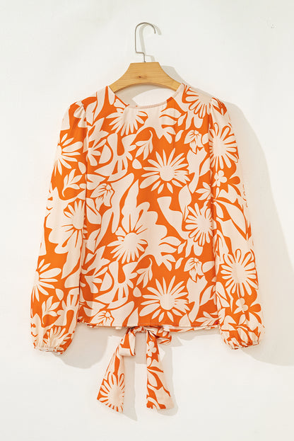 Orange Floral Print Knotted Open Back Long Sleeve Blouse