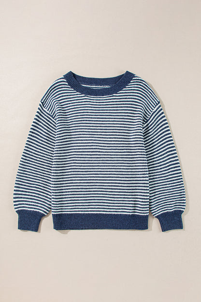 Segelblau gestreifter Pullover mit Laternenärmeln und überschnittener Schulter