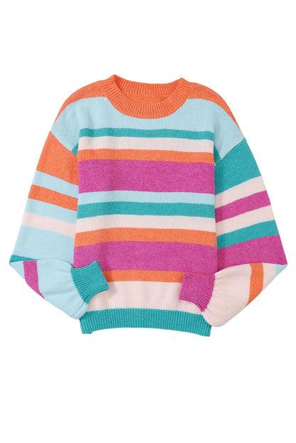 Mehrfarbig gestreifter Strickpullover mit tief angesetzten Schultern und Puffärmeln