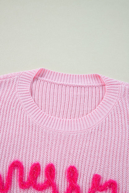 Rosafarbener Merry &amp; Bright Pop-Up-Waffel-Strickpullover mit Buchstaben
