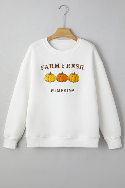 White FARM FRESH PUMPKINS Embroidered Graphic Thanksgiving Holiday Sweatshirt