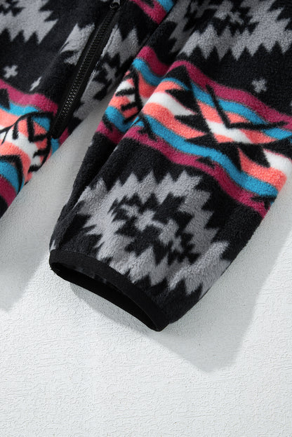 Schwarze Jacke mit Reißverschlusskragen und Aztekenmuster
