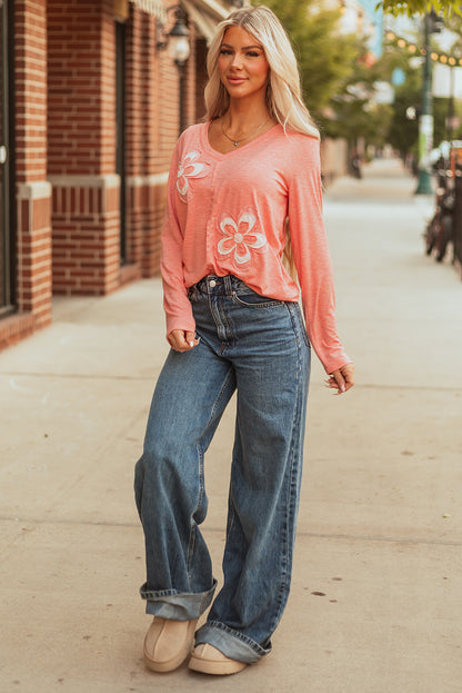 Fresh Salmon Floral Patchwork Langarm T-Shirt mit V-Ausschnitt