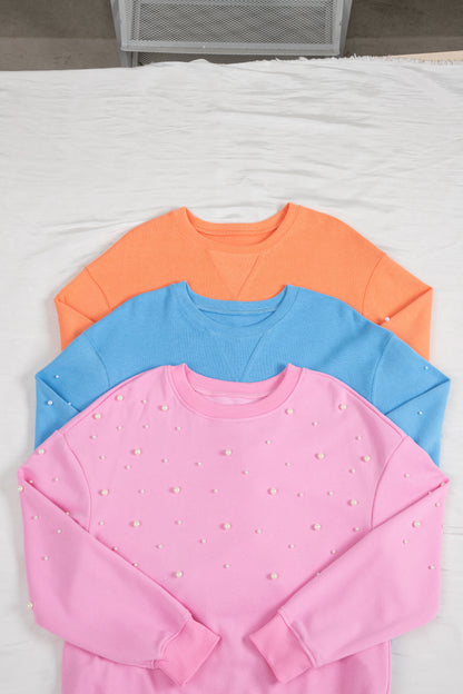 Myosotis Pullover mit Perlenärmeln, überschnittener Schulter und Rundhalsausschnitt