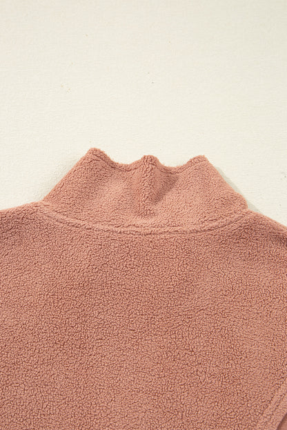 Camel Exposed Seam Side Pockets Half Zipper Baggy Sweatshirt