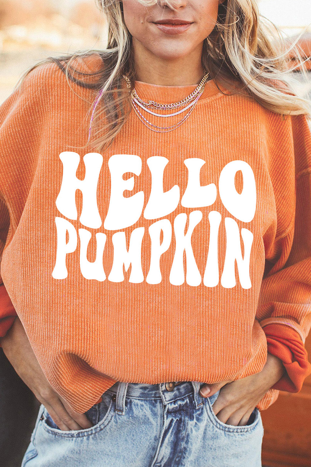 Oranges Sweatshirt mit „HELLO PUMPKIN“-Buchstabengrafik