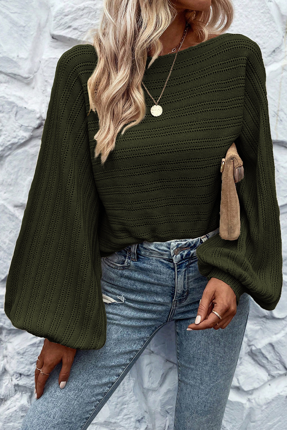 Strukturierter Strickpullover mit Ösen und Ärmeln im Jungle Green Lantern-Stil