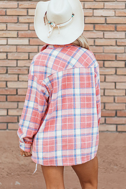 Rosa karierte Hemdjacke mit Pattentasche und Knopfleiste