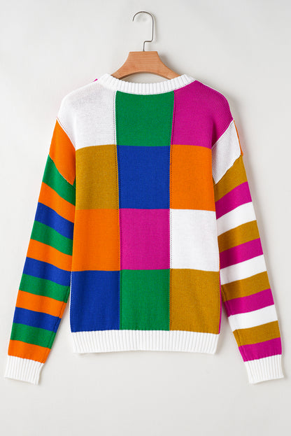 Orange karierter Farbblock-Pullover mit Rundhalsausschnitt und lockerem Schnitt