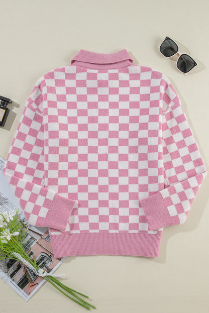 Rosa karierter Pullover mit Knöpfen, Kragen, V-Ausschnitt und überschnittenen Schultern